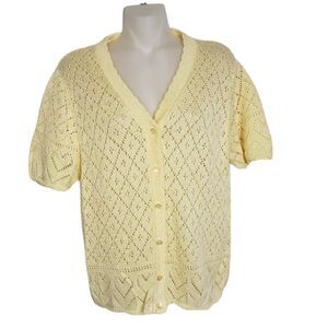 Bentley Women Cardigan Sweater Small Yellow Short Sleeve Button V Neck Open Knit